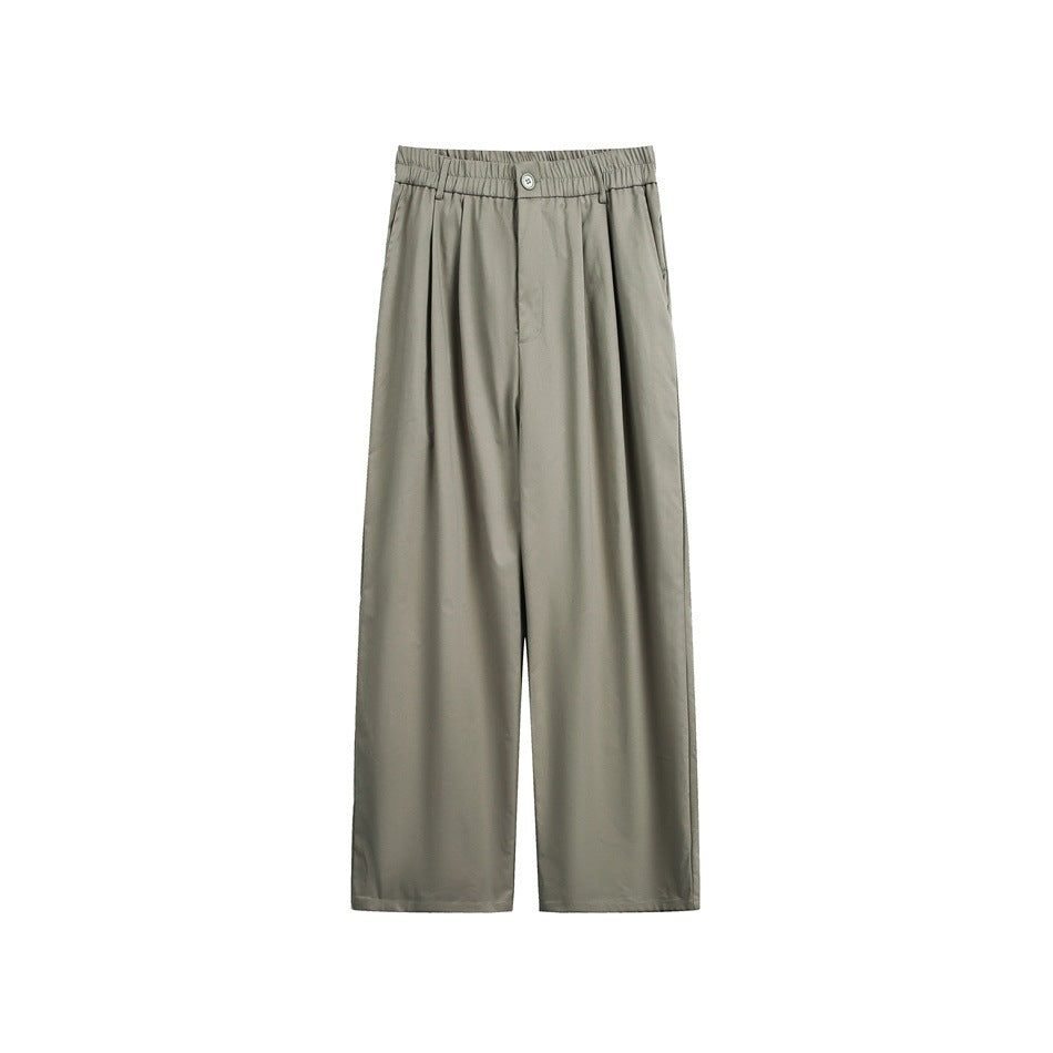 Grey-green wide-leg pleated trousers with elastic waistband and front button, flat front view