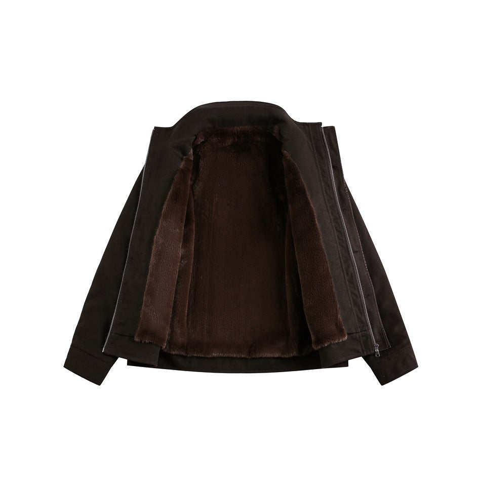 Dark brown jacket opened flat to show its deep brown plush lining and front zipper.