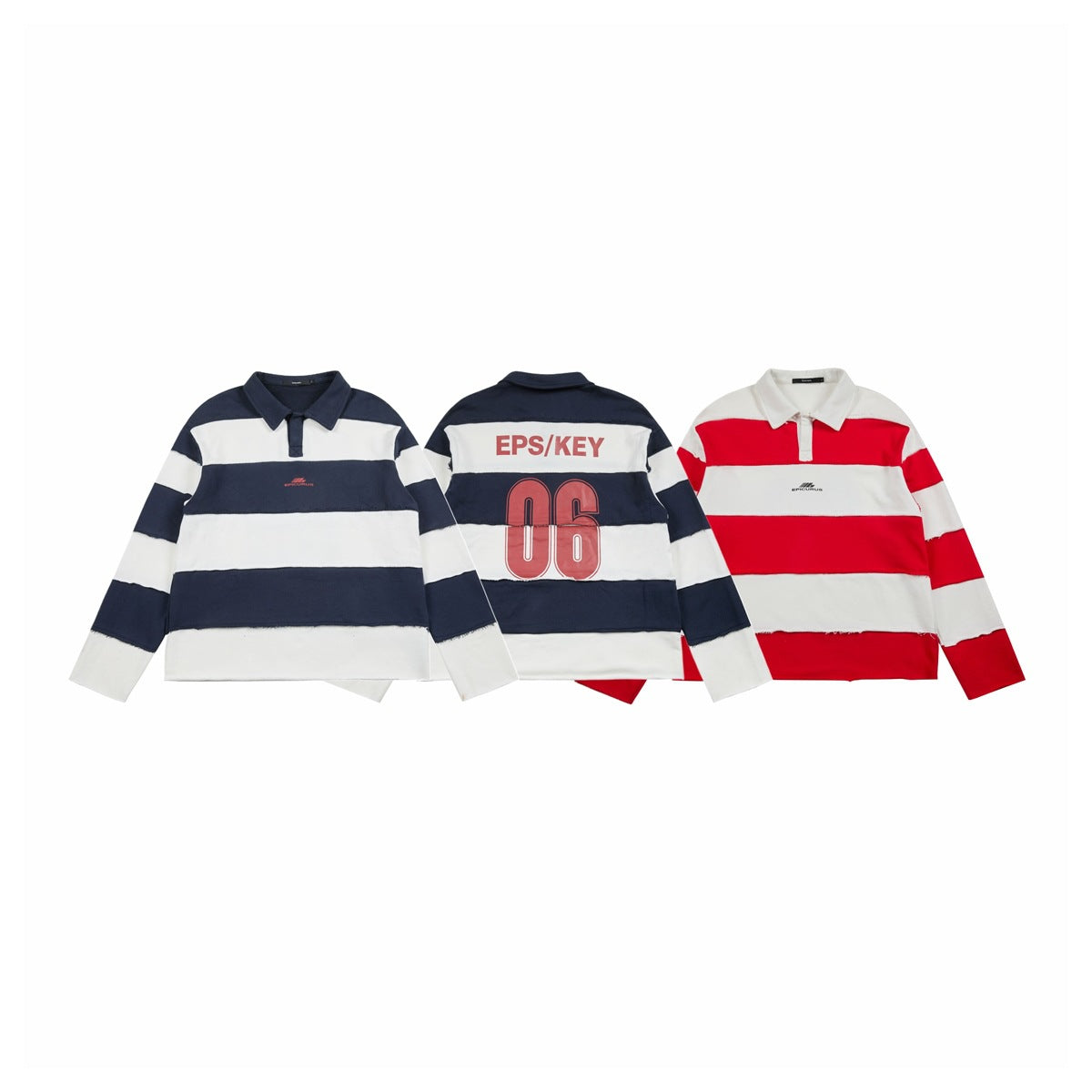 Navy-and-white striped rugby shirt shown front and back beside a red-and-white striped front view.