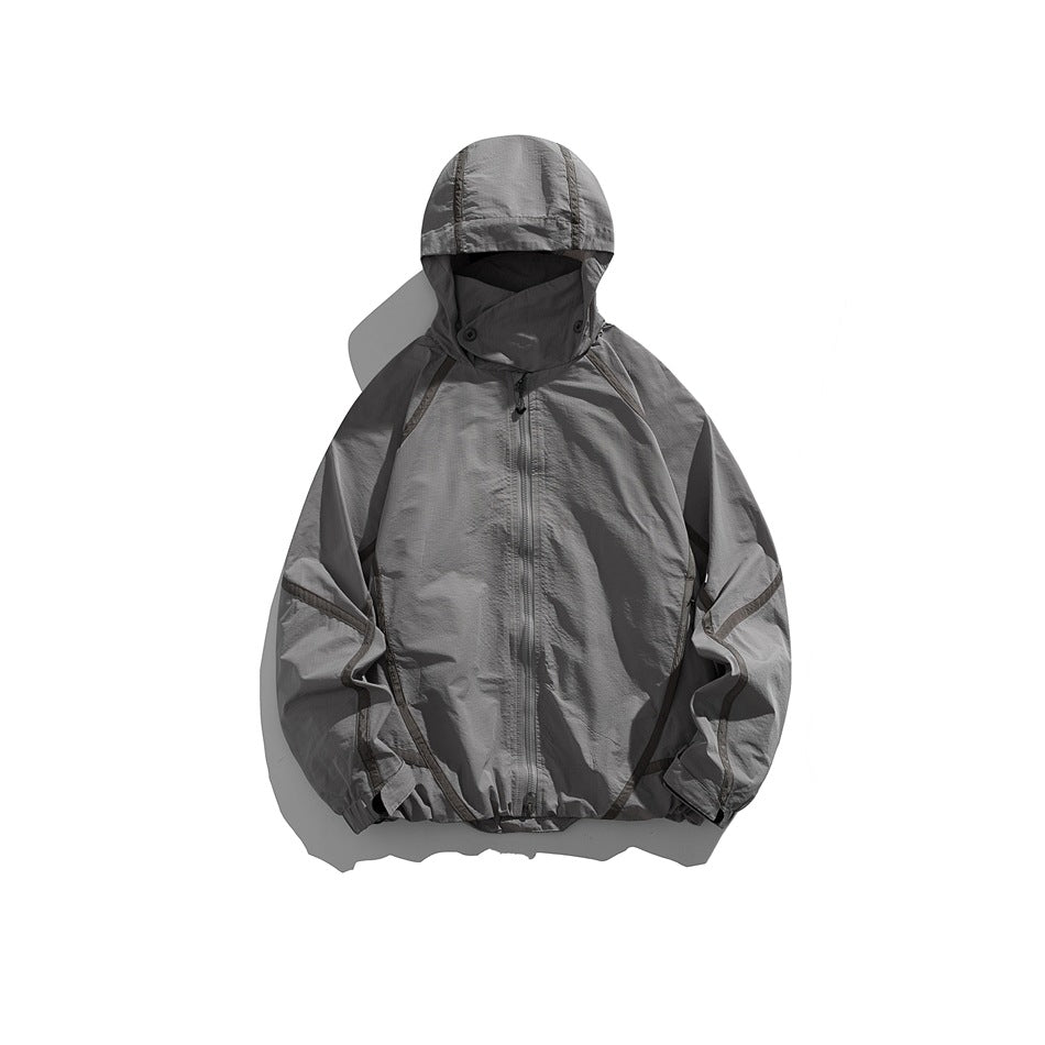 Gray hooded zip jacket with tonal taupe piping and drawcord hem, flat lay front view