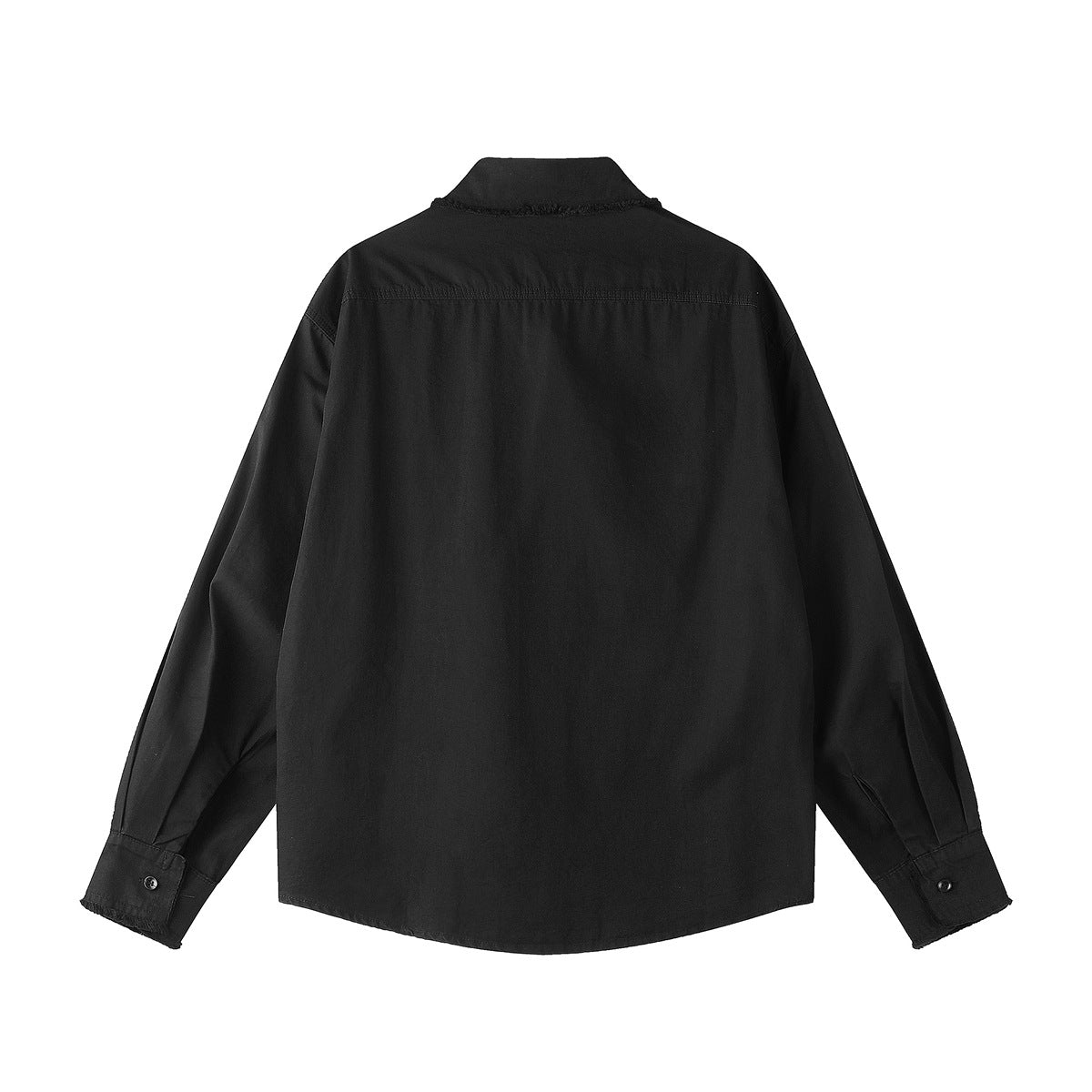 Back view of a black long-sleeve button-up shirt with a pointed collar and button cuffs.