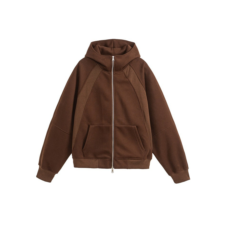 Brown full-zip hooded sweatshirt jacket with raglan paneling, two front pockets and ribbed cuffs and hem, flat lay