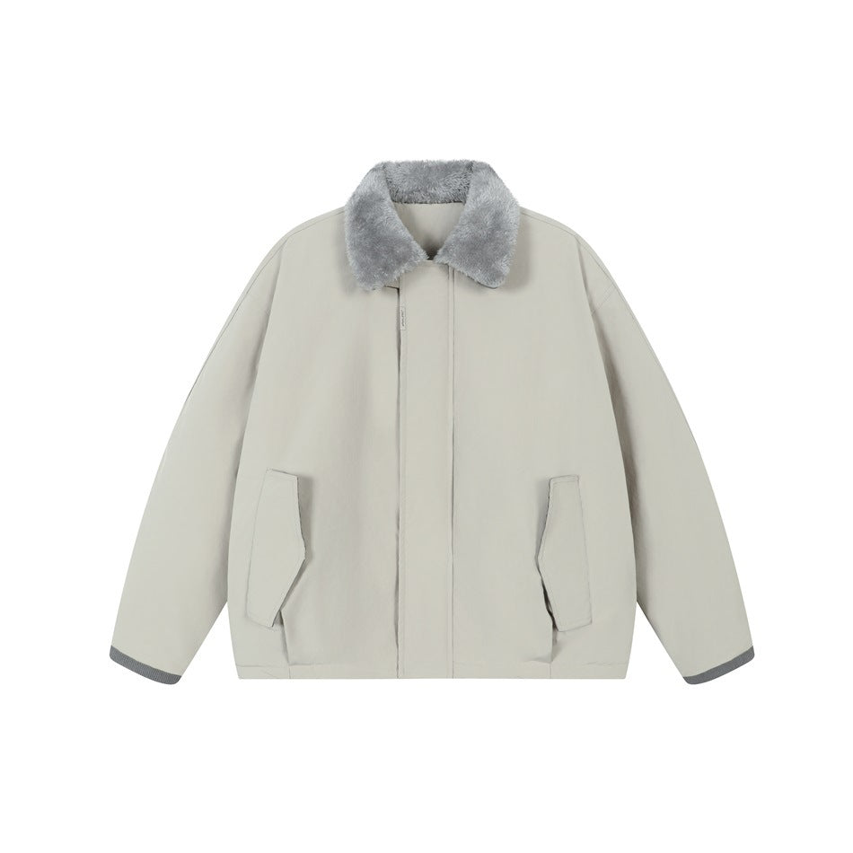 Light gray jacket with gray fleece-like collar, flap pockets and gray ribbed cuffs, flat lay front view