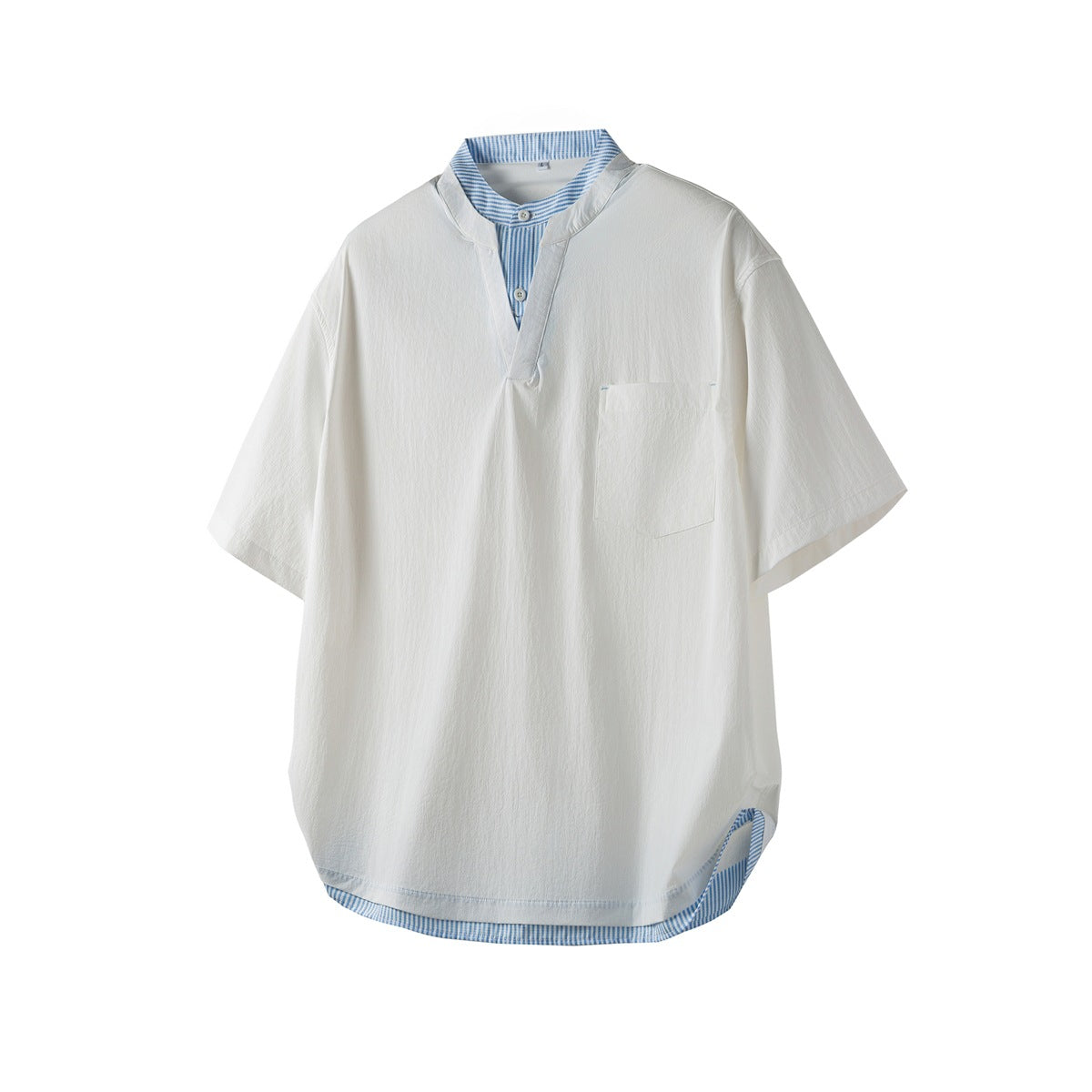 White short-sleeve stand-collar shirt with blue striped inner placket, chest pocket and striped hem trim, front view