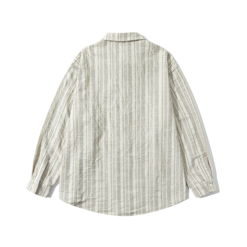 Back view of a light neutral long-sleeve button-up shirt with fine vertical stripes.