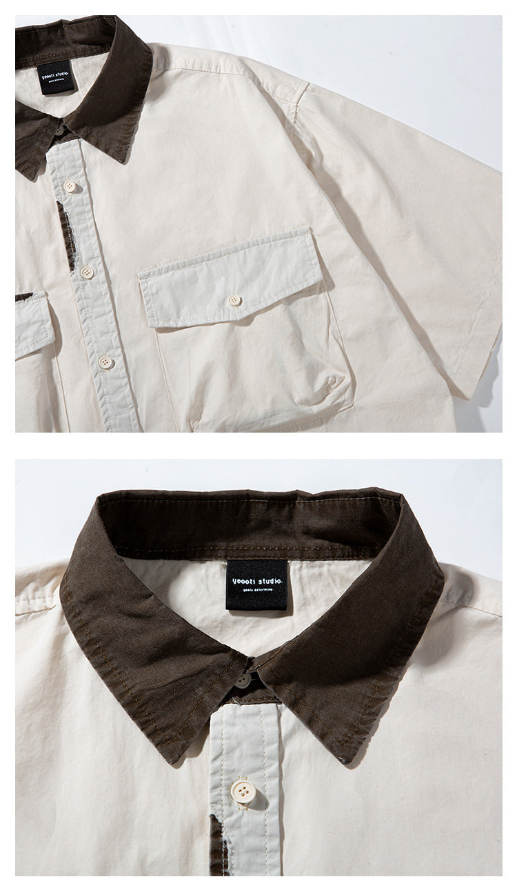 Close-ups of the shirt's flap chest pocket, wide sleeve, dark brown collar and neck label.