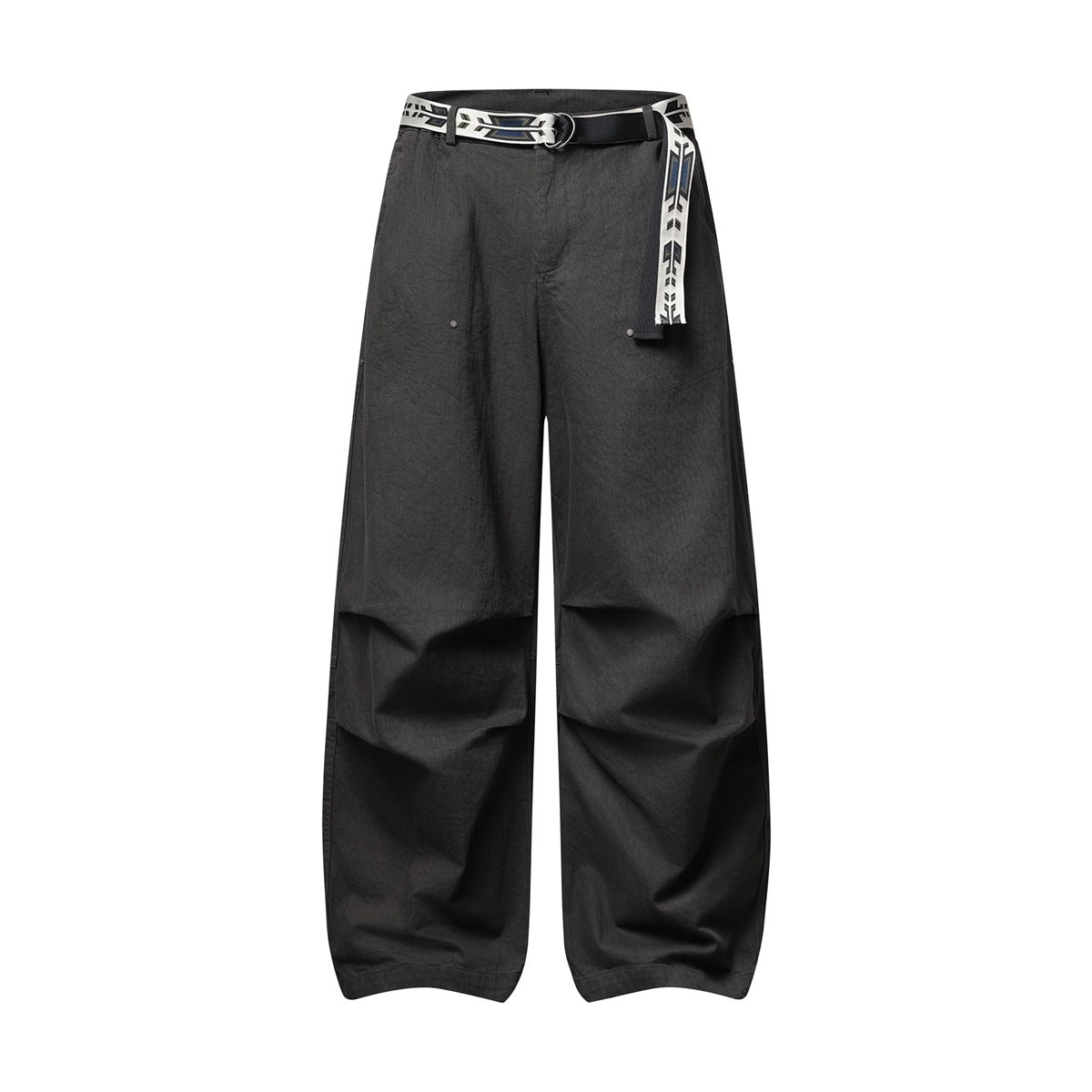 Dark gray wide-leg pants with knee pleats and a white, black and blue patterned D-ring belt, flat front view