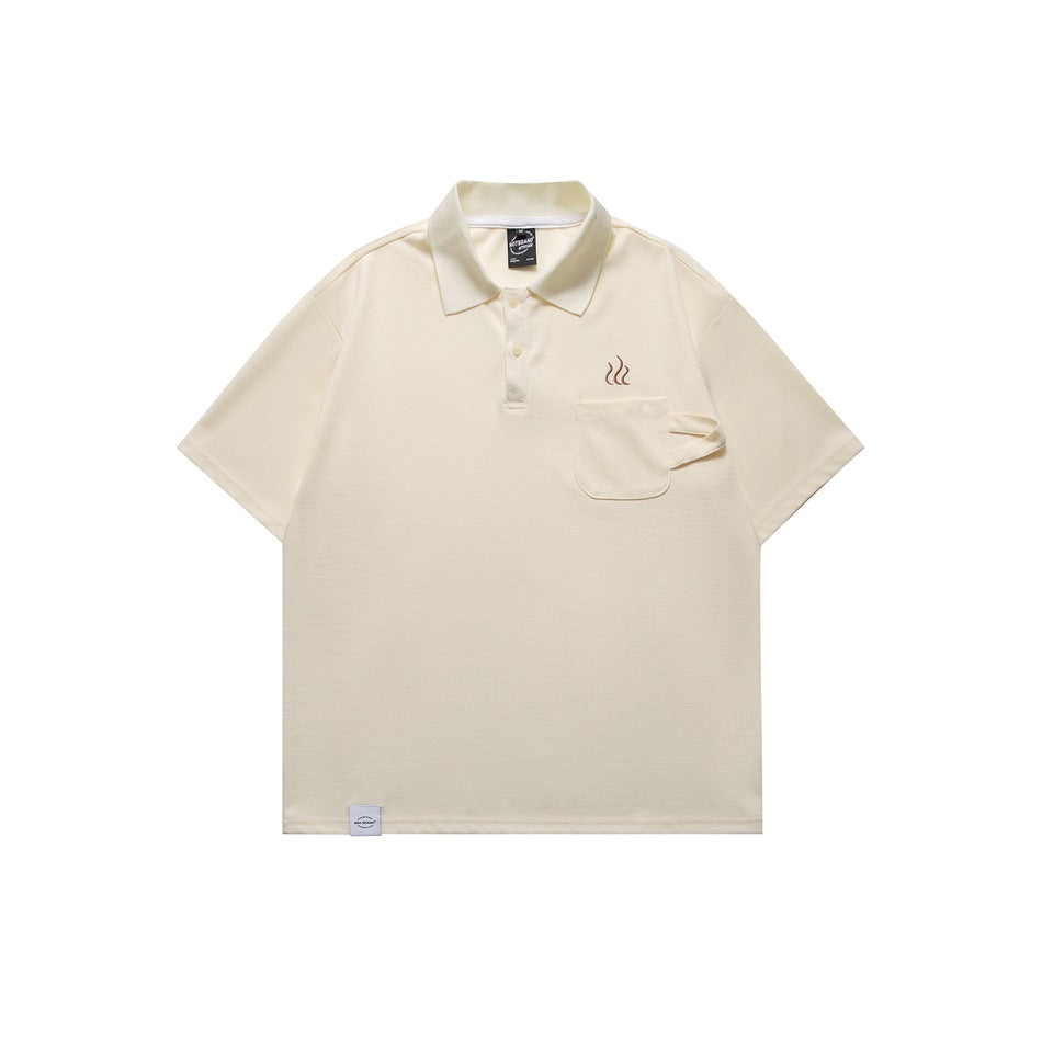 Off-white short-sleeve polo shirt with chest pocket and small embroidered steam motif, flat front view