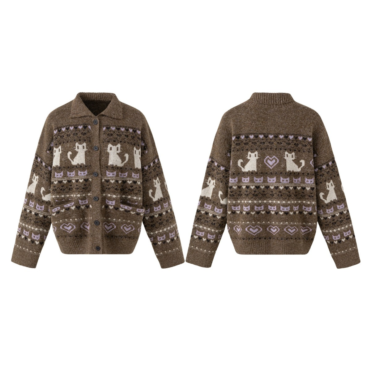 Brown button-front cardigan shown from the front and back, with cream cats and lilac hearts in patterned bands.