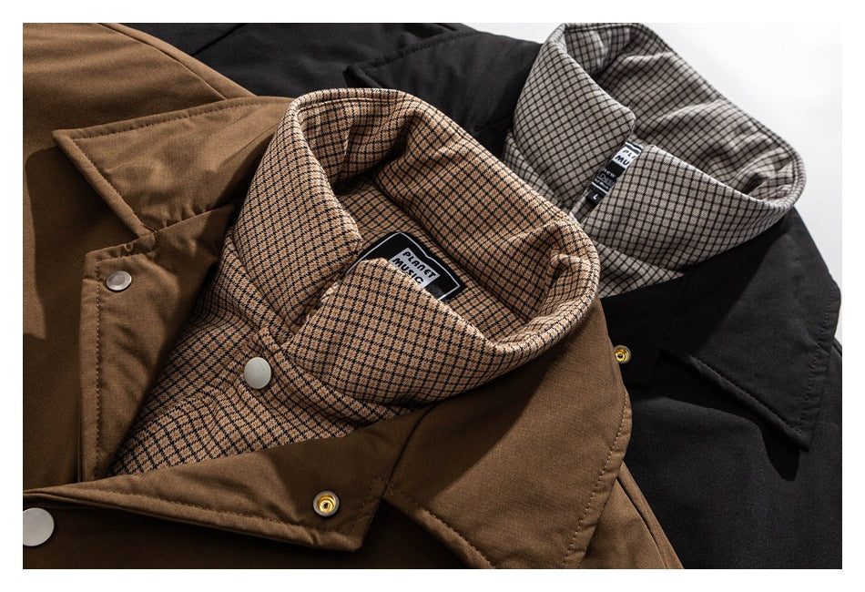 Three brown jackets arranged together, showing solid outer fabric and contrasting checked inner collars.