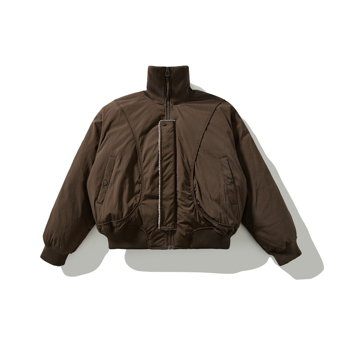 Brown cropped puffer bomber jacket with ribbed stand collar, front zip, snap placket and ribbed hem, flat front view