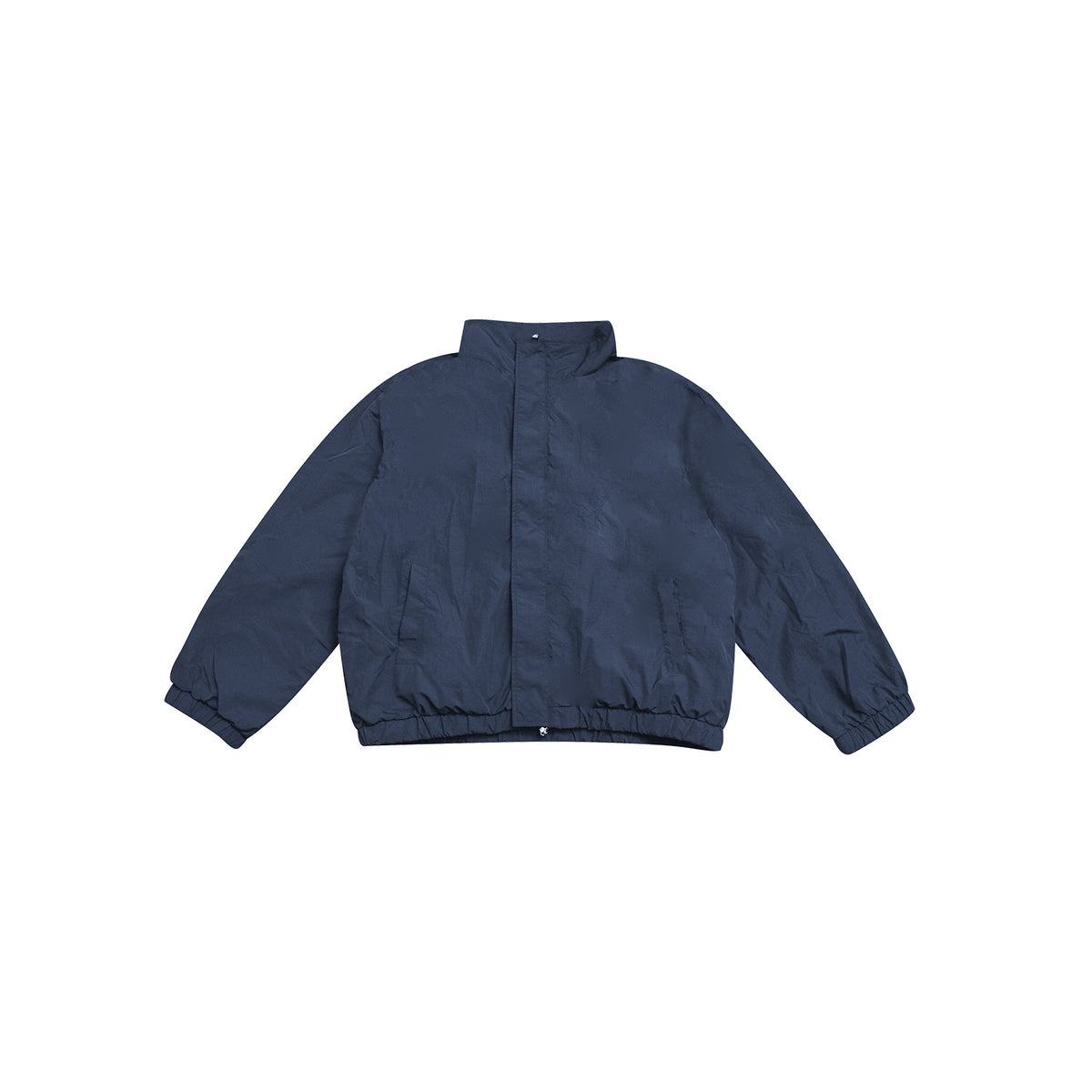 Navy stand-collar jacket front flat lay with concealed placket, slanted pockets and elastic cuffs and hem