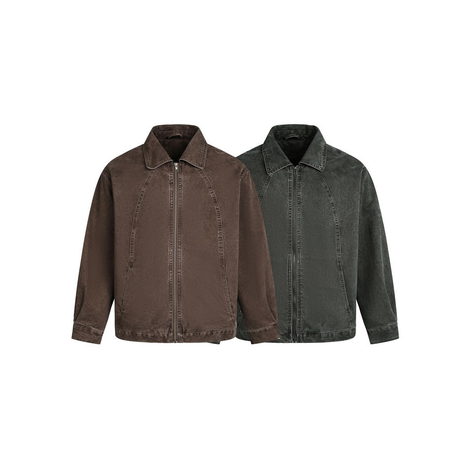 Two zip-front jackets with pointed collars shown side by side in brown and dark charcoal gray.