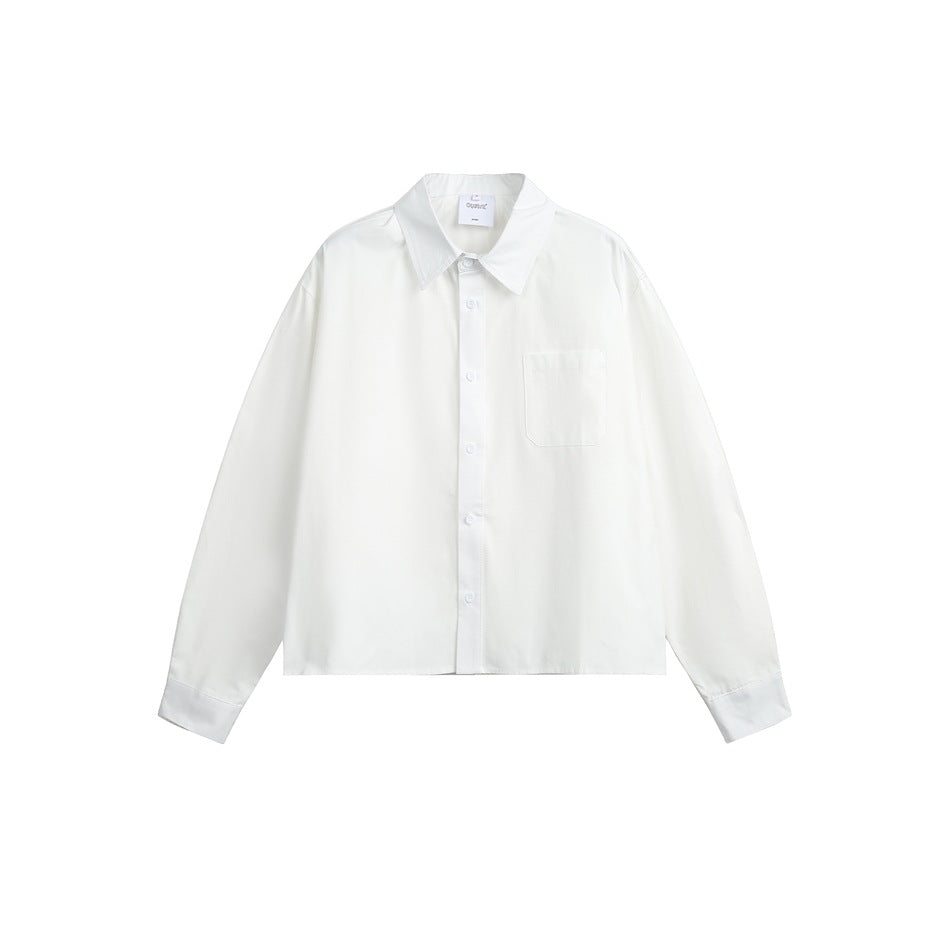 White long-sleeve button-up cropped shirt with a pointed collar and chest pocket, flat front view