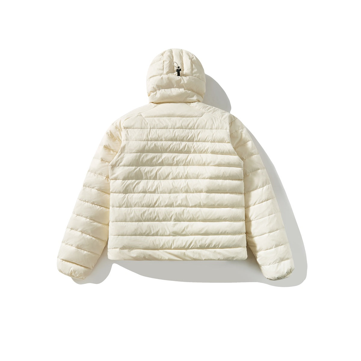 Back view of a cream hooded quilted jacket with horizontal stitching.