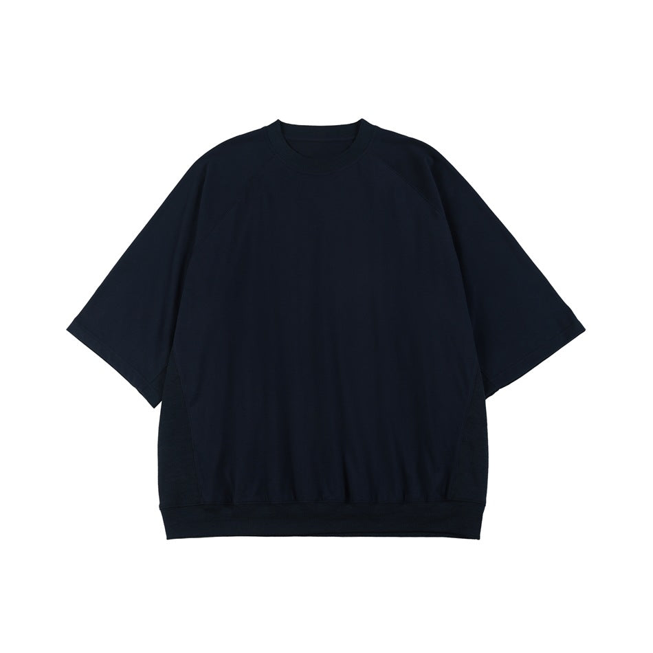 Front view of a plain navy short-sleeve sweatshirt with a crew neck and ribbed hem.