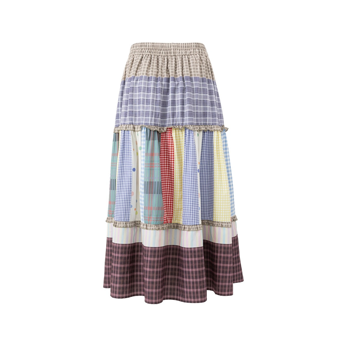 Multicolor patchwork tiered long skirt with elastic waist and ruffle trim on white background