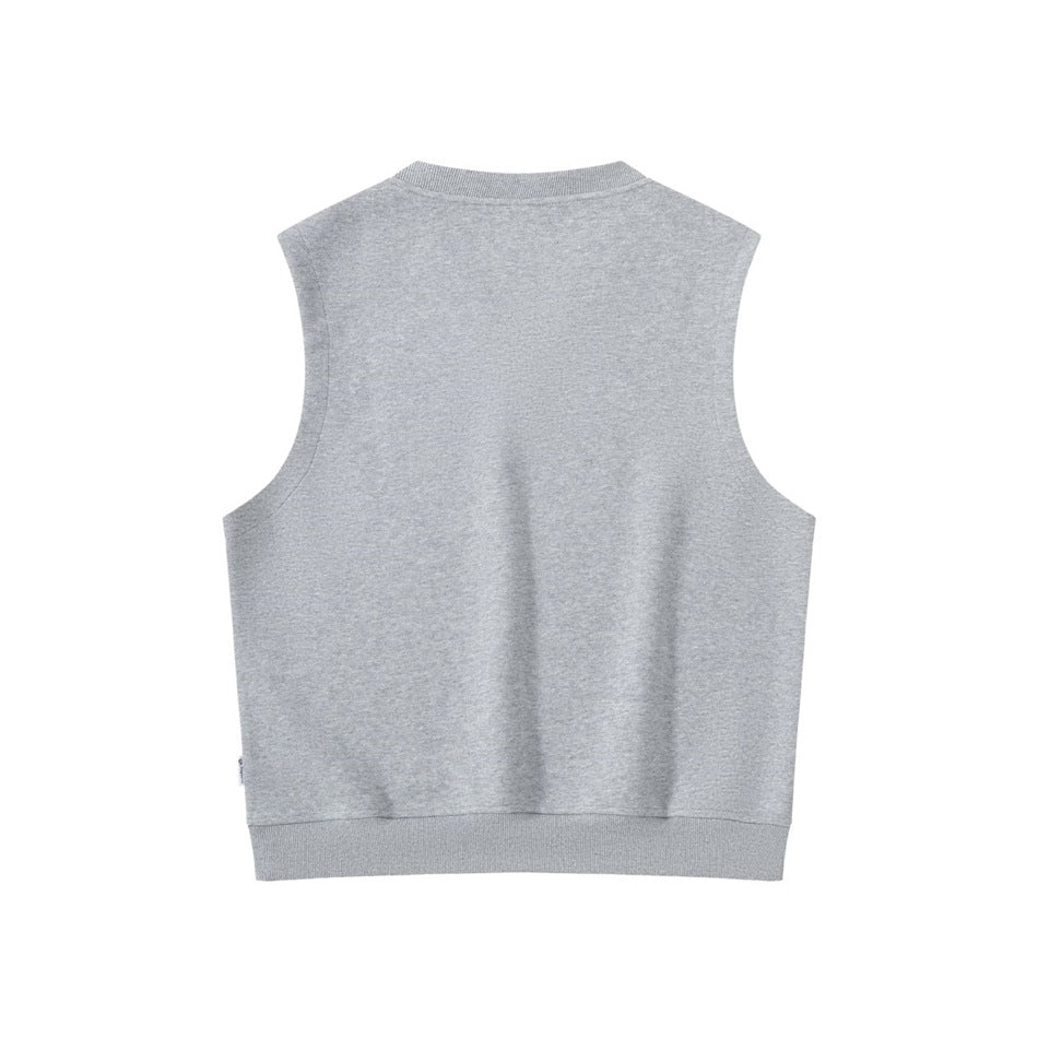 Back view of a plain light gray sleeveless V-neck vest with ribbed neckline and hem.