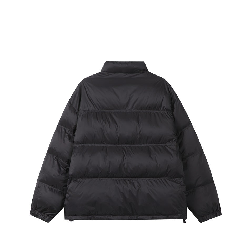 Back view of a black puffer jacket with a stand collar, horizontal quilted panels, and elasticated cuffs.