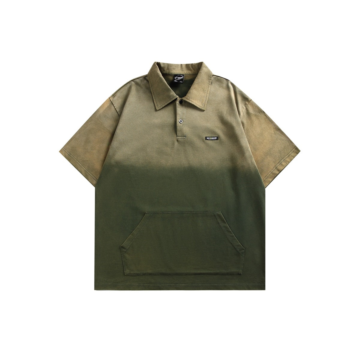 Green gradient washed short-sleeve polo shirt with front pouch pocket, flat lay front view