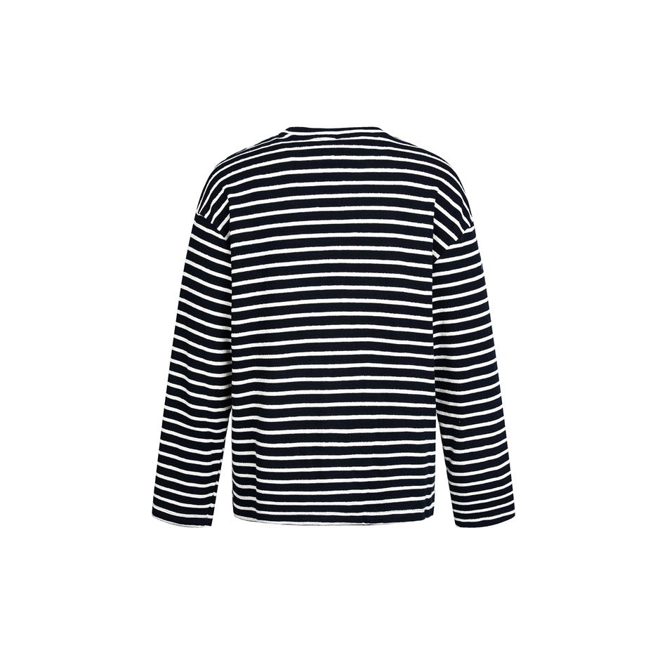 Back view of a long-sleeve sweater with narrow white stripes on a black background.