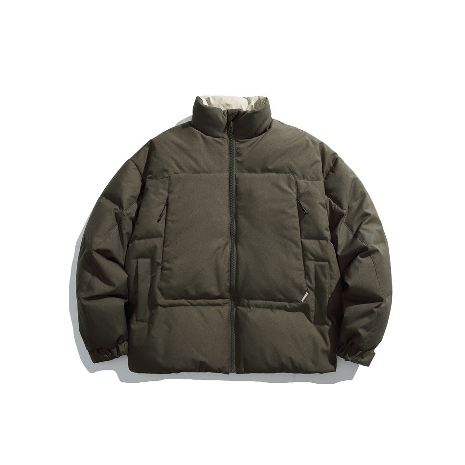 Olive green quilted puffer jacket with stand collar, front zipper and chest panel, flat lay front view
