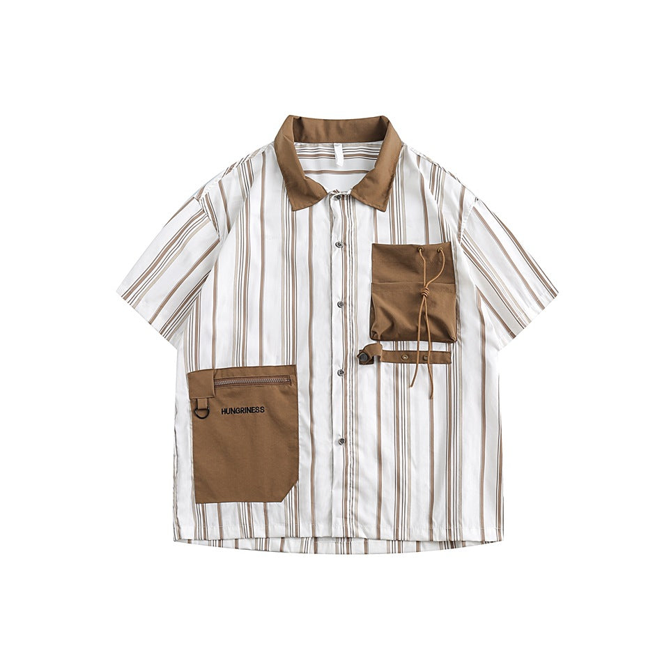 Khaki and white striped short-sleeve button shirt with brown collar, zip pocket and drawstring chest pocket, flat lay