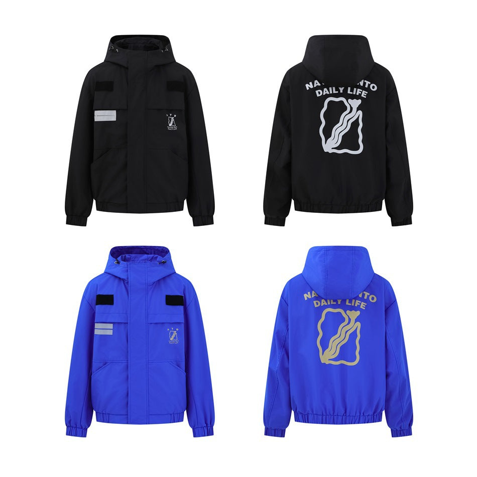 Black and blue hooded jackets shown in front and back views in a four-panel layout on white