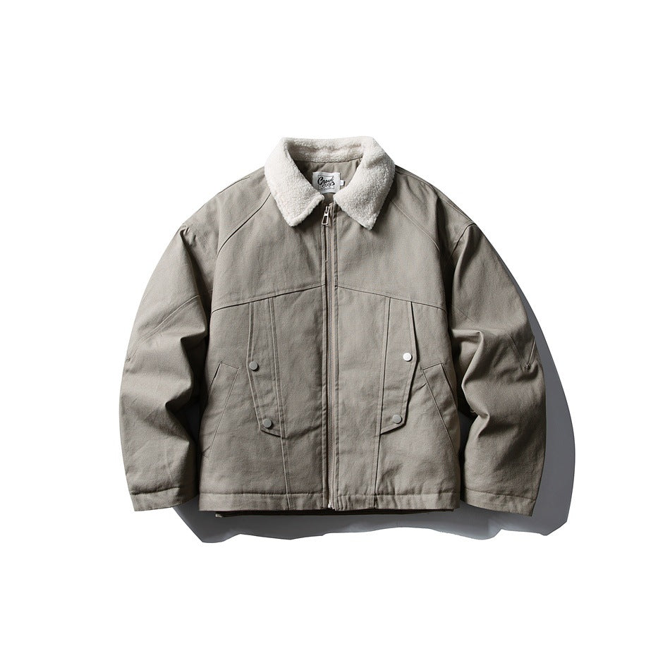 Khaki zip-front jacket with cream fleece-like collar, flap snap pockets and paneled seams, shown flat from the front