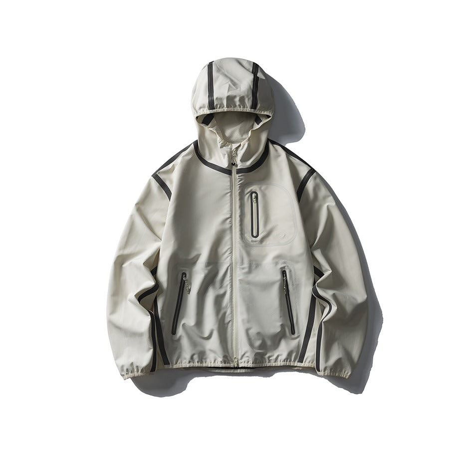 Cream white hooded zip jacket flat lay with dark contrast tape and zip pockets