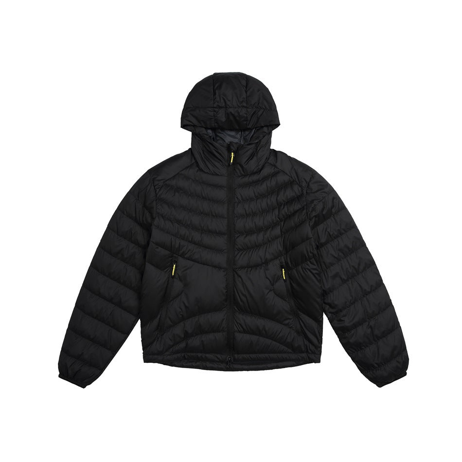 Black hooded quilted puffer jacket, front view flat lay, with zipper and yellow-pull pockets