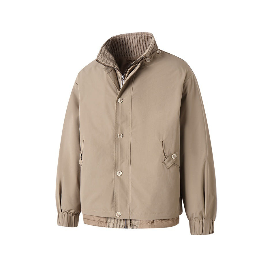 Khaki stand-collar jacket, angled front view, showing zipper, buttons, tab pocket and layered knit-trim hem