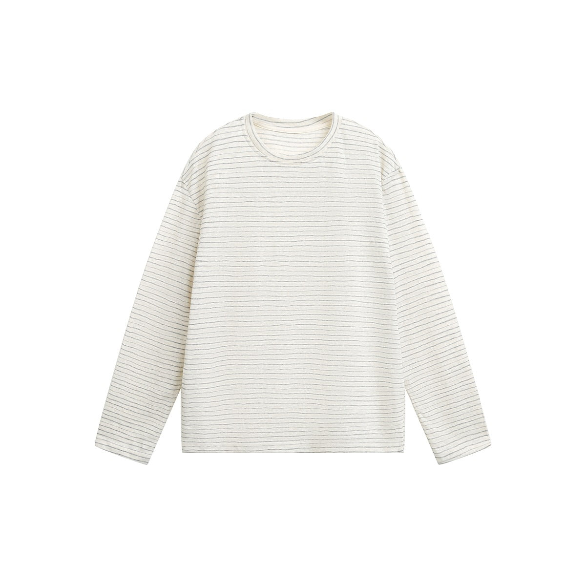 Off-white long-sleeve crew neck top with thin gray horizontal stripes, flat lay front view
