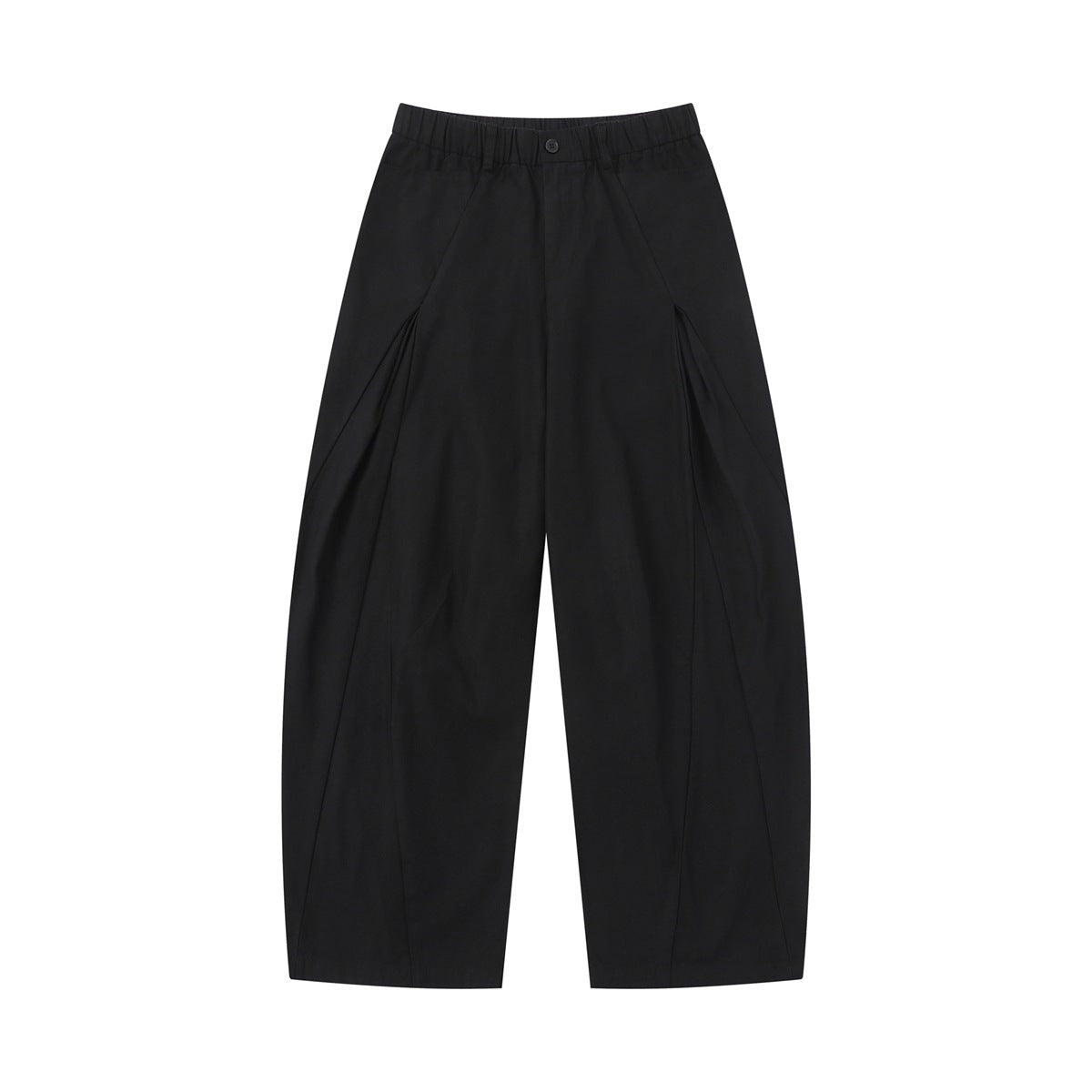 Black wide-leg barrel pants with elastic waistband and button, flat front view