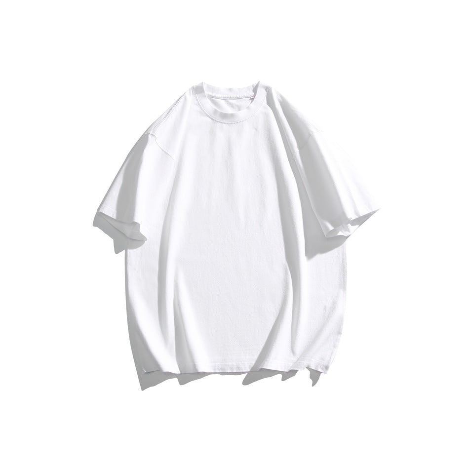 White short-sleeve crew neck T-shirt with dropped shoulders, flat lay on a white background