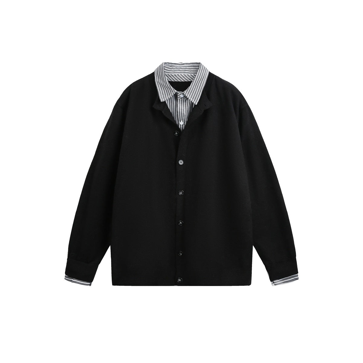 Black button-front knit cardigan flat lay with striped shirt collar and cuffs showing at the neck and sleeves