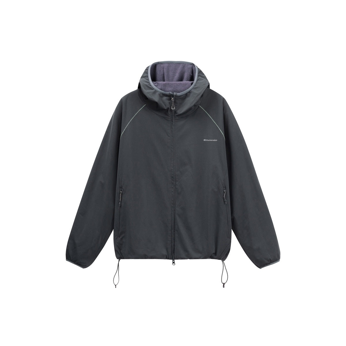 Dark volcanic gray hooded zip jacket, front view, raglan sleeves, side zip pockets, drawcord hem, purple-gray inner