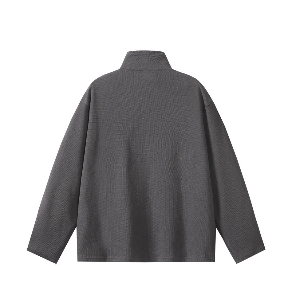Back view of a charcoal gray pullover with a stand collar and long sleeves.
