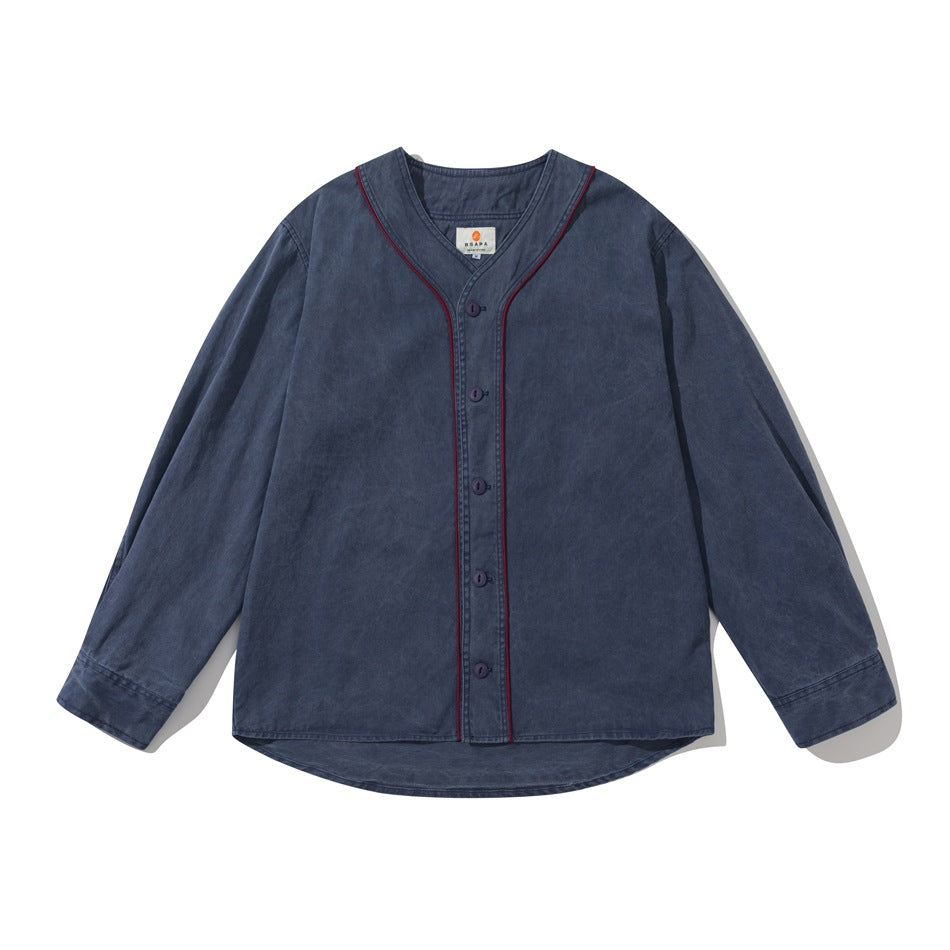 Blue washed baseball-style button-front shirt with burgundy piping, flat lay front view