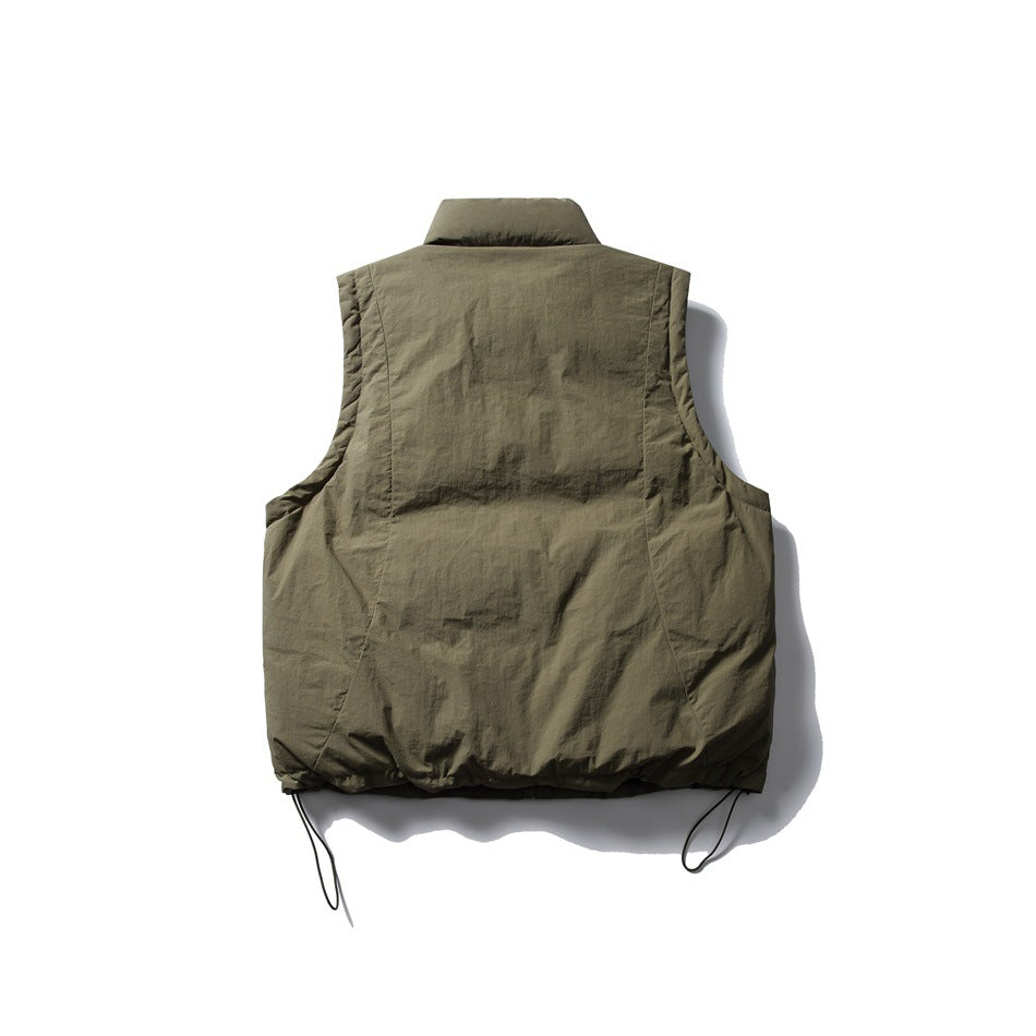 Back view of an olive sleeveless vest with a high collar, panel seams, gathered hem, and drawcords.