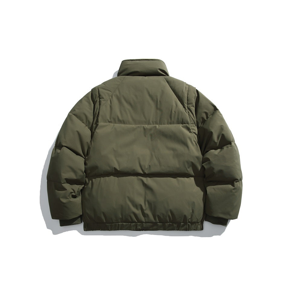 Back view of an olive-green quilted puffer jacket with a high collar and horizontal padded panels.