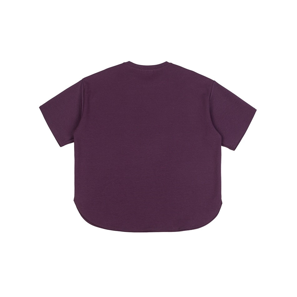 Back view of a plain plum short-sleeve crewneck T-shirt with a rounded hem.
