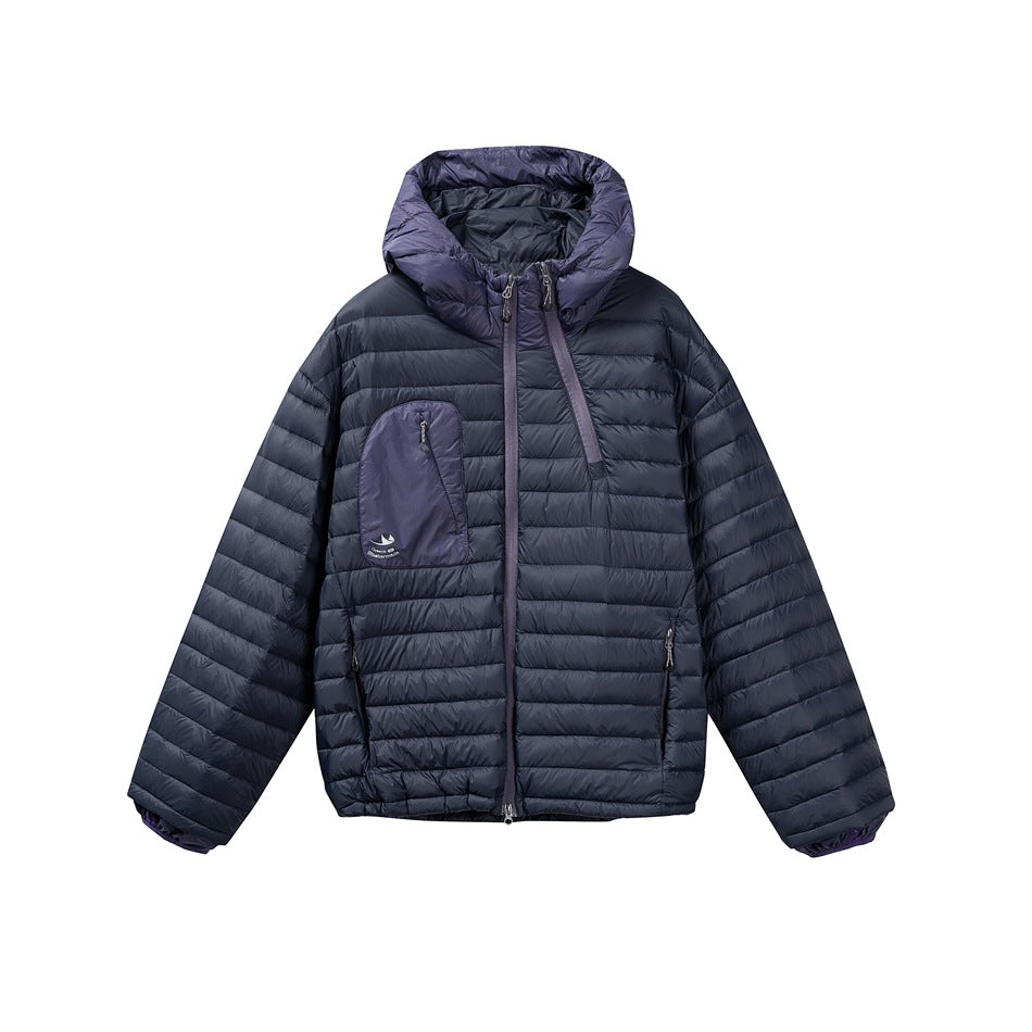 Navy quilted hooded puffer jacket with purple-gray hood and chest pocket, front view on white background