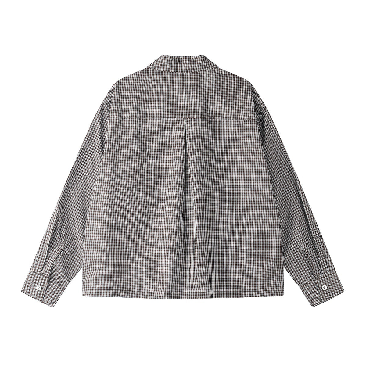 Back view of a brown, gray, and white checked button-up shirt with a center back pleat.