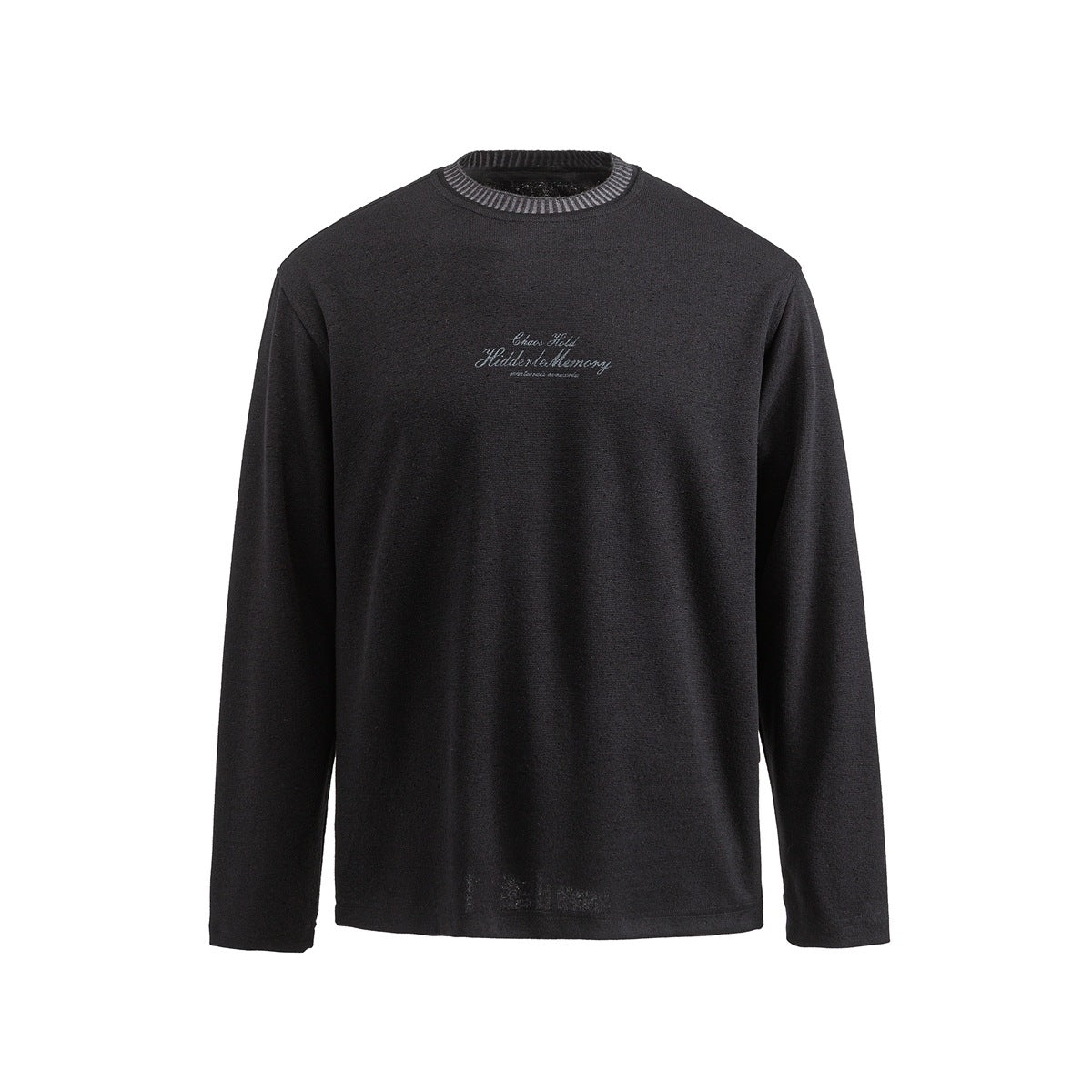 Black long-sleeve crew neck knit top with gray ribbed collar trim and gray script chest lettering, front view