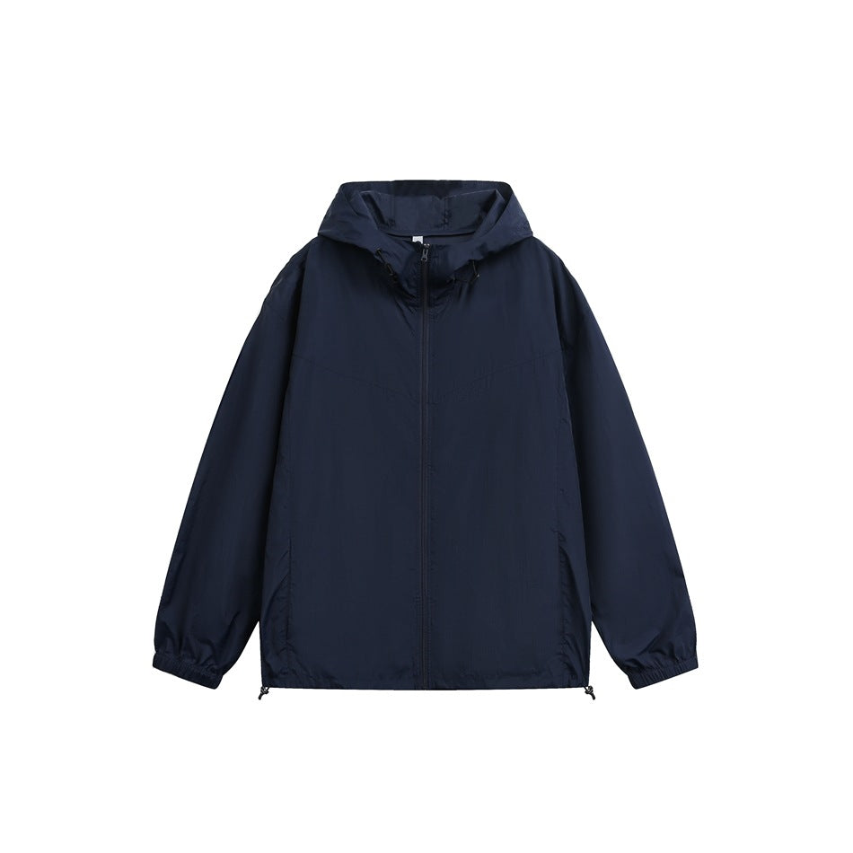 Navy blue hooded full-zip jacket with elastic cuffs and drawstring hem, flat front view