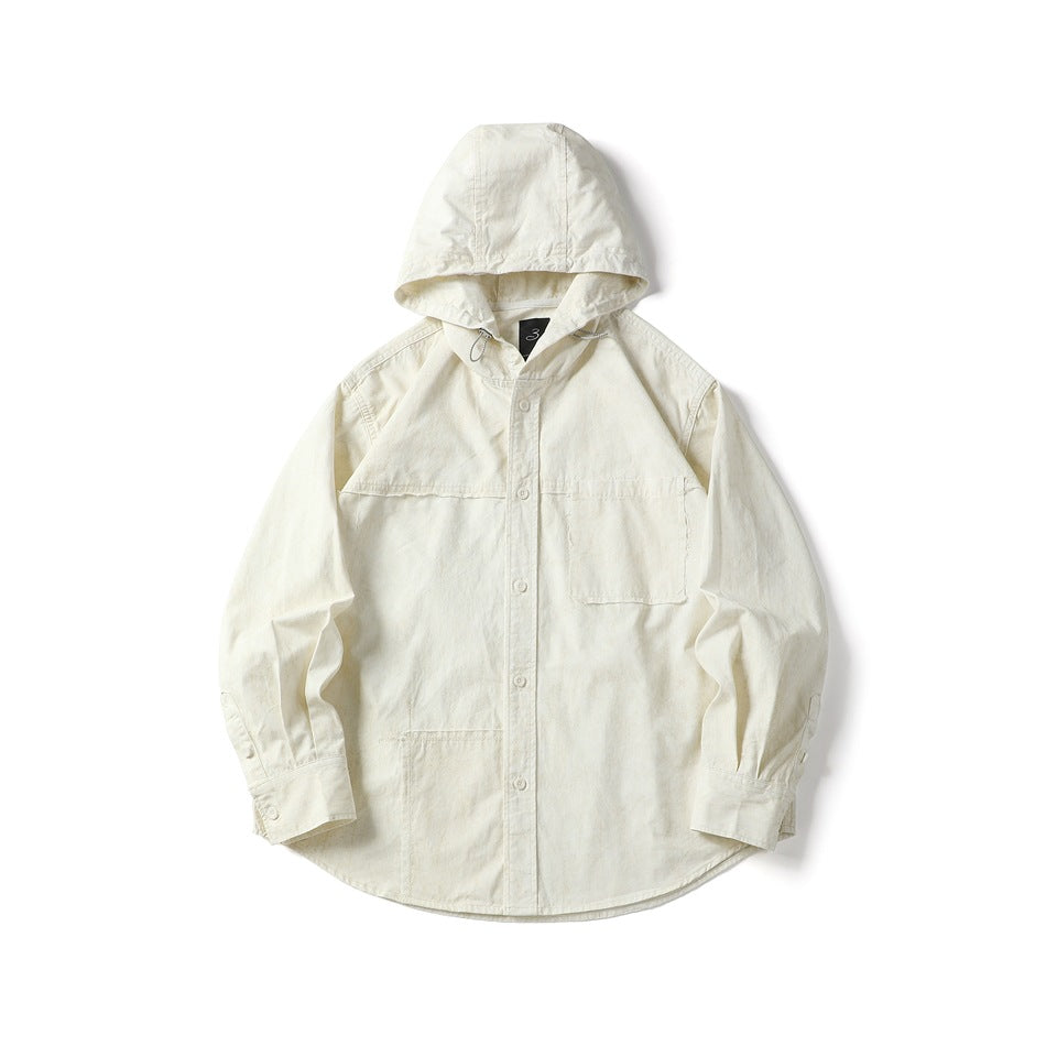 Off-white hooded button-up shirt-jacket flat lay with patch pockets, button cuffs and drawcord hood