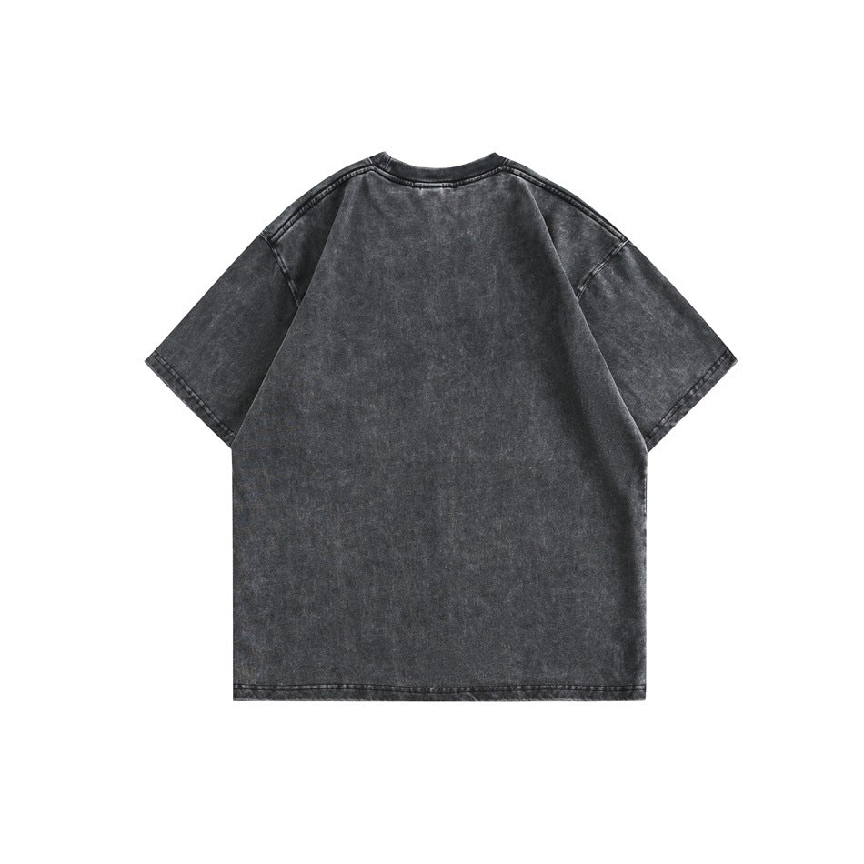 Back view of a washed charcoal short-sleeve crew-neck T-shirt laid flat.