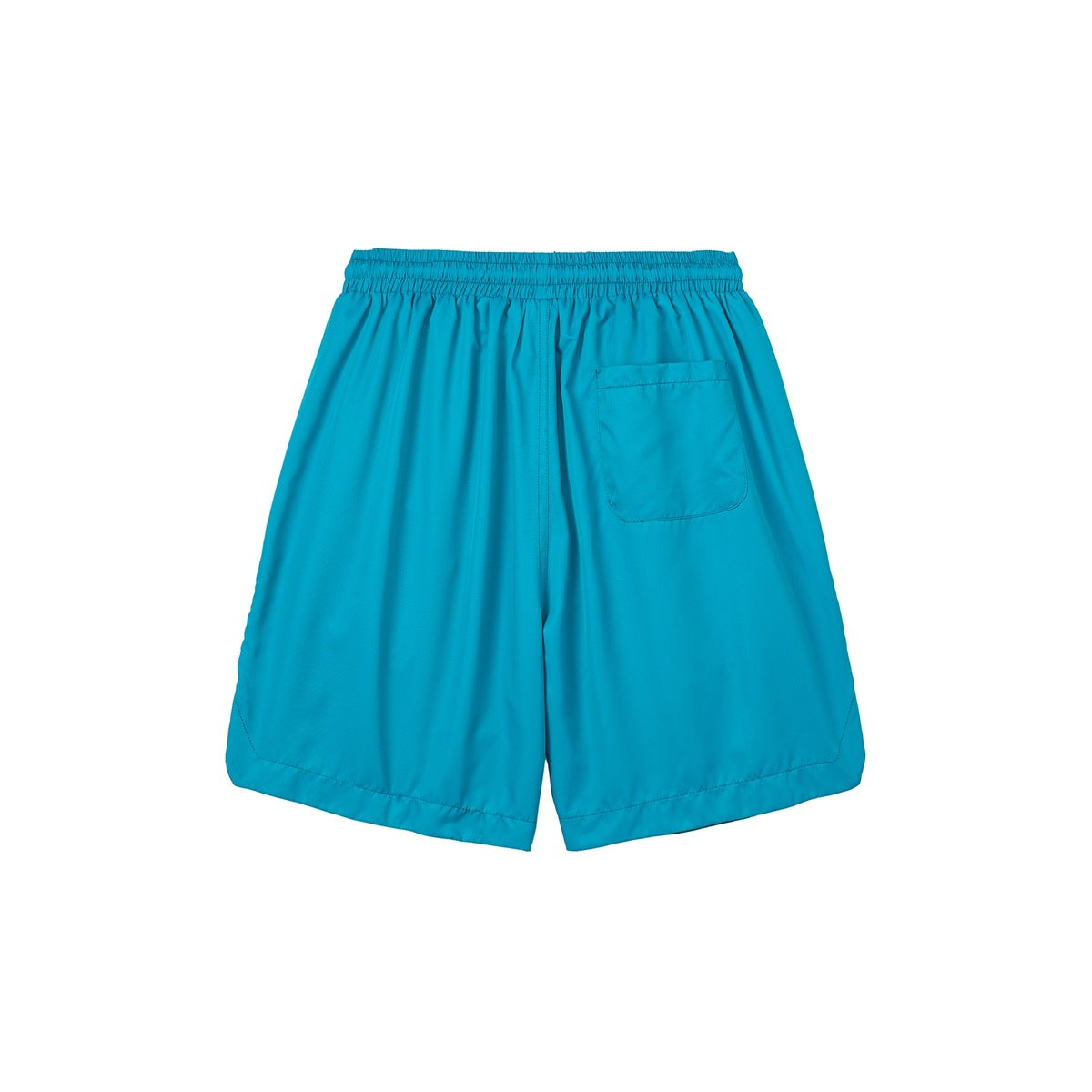 Back view of turquoise shorts with an elastic waistband and a single patch pocket.