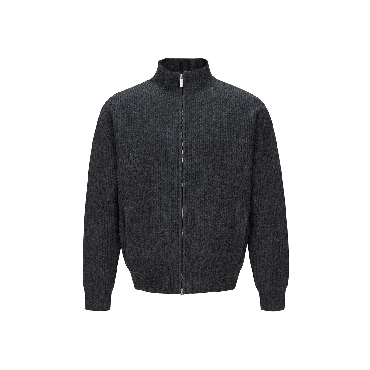 Dark gray ribbed-knit zip-up jacket with stand collar, front view on white background